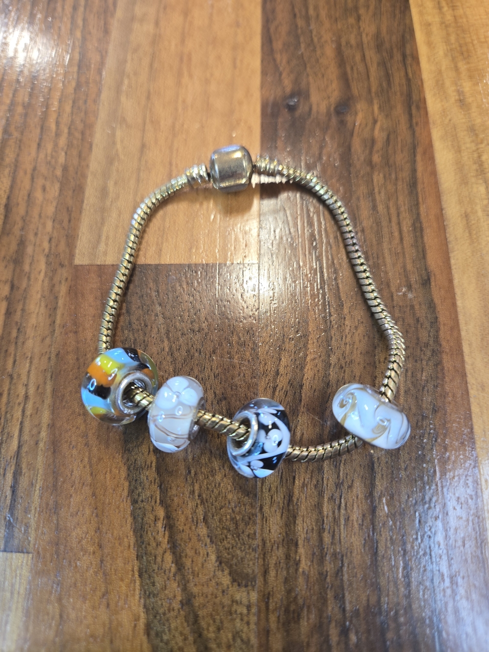 Gold-Tone Snake Chain Bracelet with 4 Genuine .925 Sterling Silver Glass Charms
